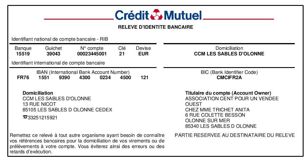 Releve d identite bancaire association cent pour un vendee ouest